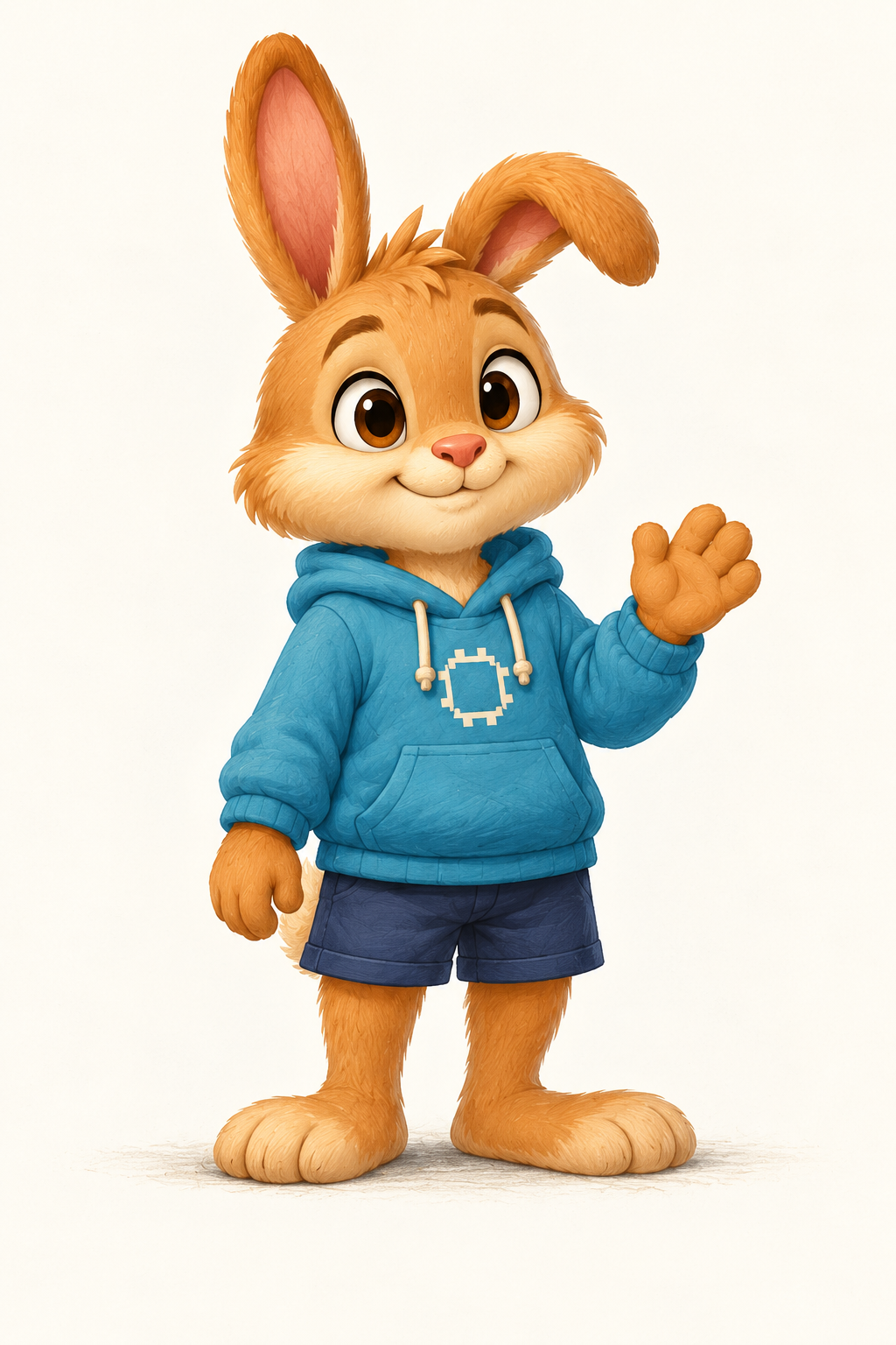 Chip, a warm brown rabbit in a blue-green hoodie, waving hello against a soft cream background